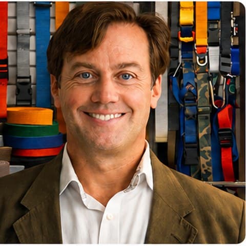 Matt Woolman, President and CEO of I.M. Manufacturing, in front of woven strap inventory.