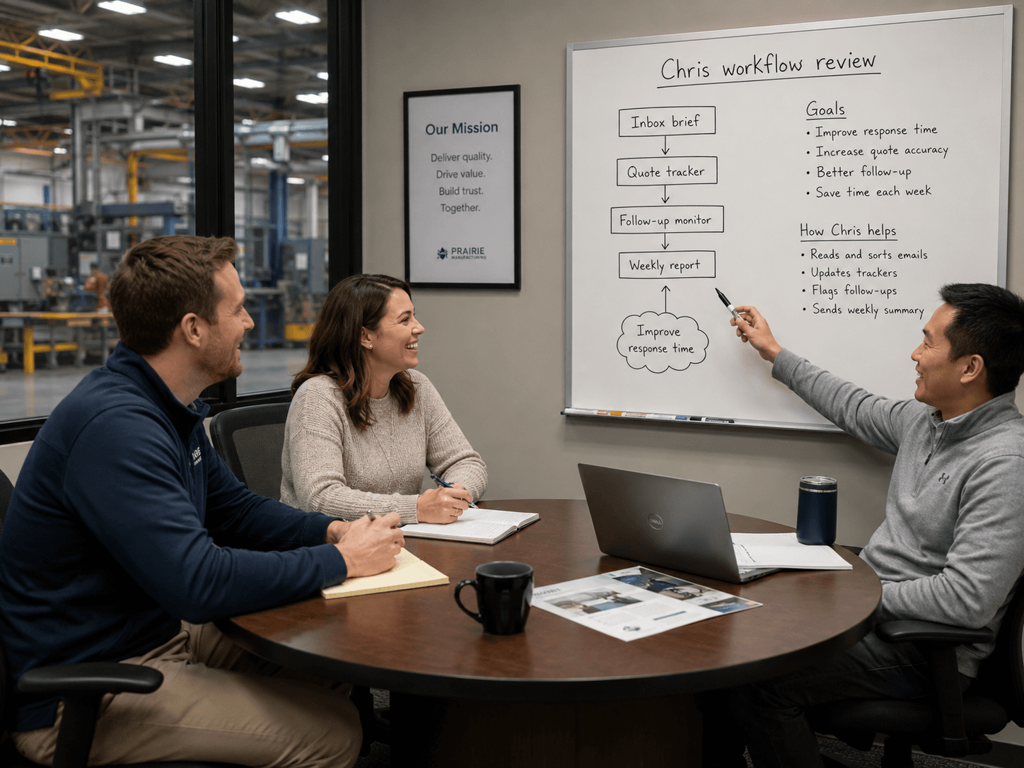Manufacturing team reviewing quotes, buyers, contracts, and production commitments