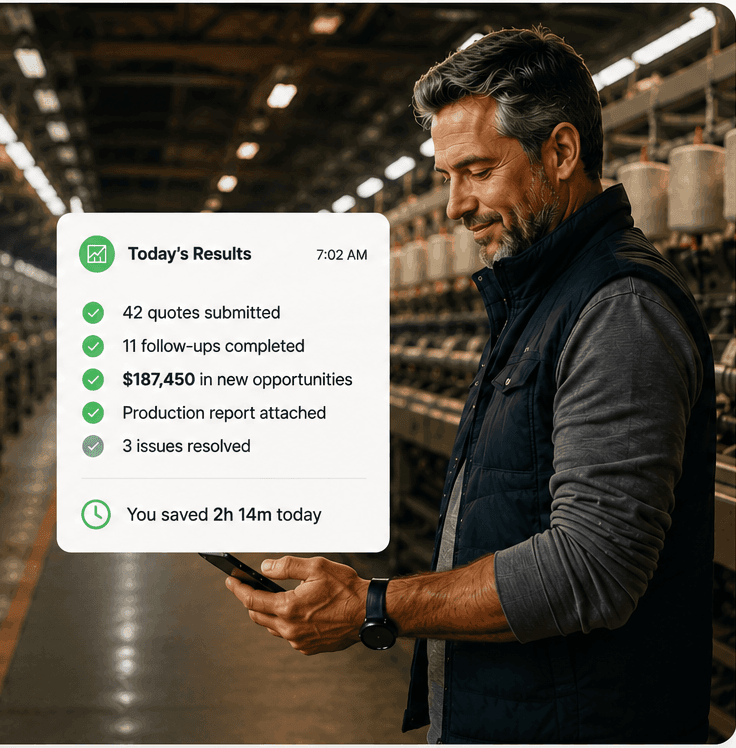 A mill owner reads his AI teammate's daily results on his phone: 42 quotes submitted, 11 follow-ups completed, $187,450 in new opportunities, production report attached, 3 issues resolved. You saved 2h 14m today.