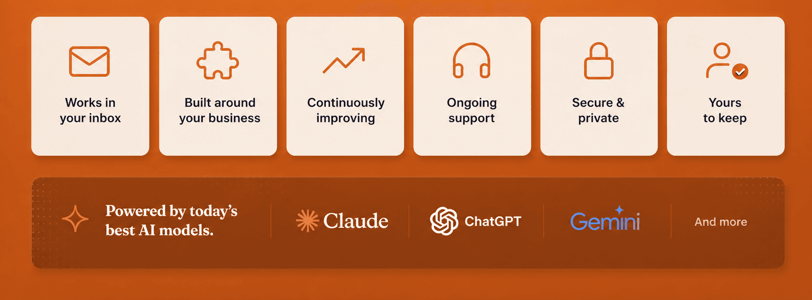 Works in your inbox. Built around your business. Continuously improving. Ongoing support. Secure and private. Yours to keep. Powered by today's best AI models: Claude, ChatGPT, Gemini, and more.